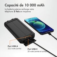imoshion Solar Powerbank - Batterie externe avec panneau solaire - Charge rapide et fourniture d'énergie - 10.000 mAh - Noir