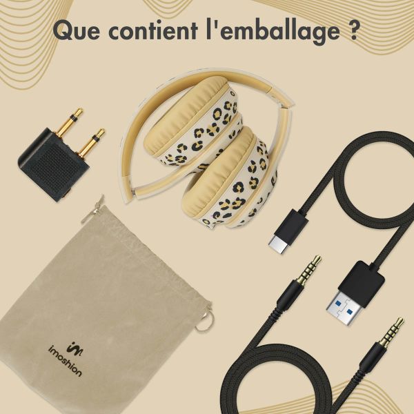 imoshion Édition Spéciale - Casque sans fil pour enfants avec imprimé léopard LED Light - Limiteur de décibels - Avec câble AUX - Léopard