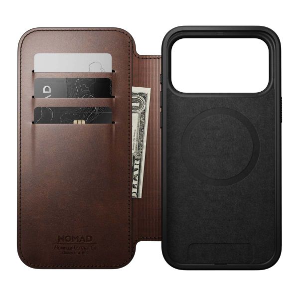 Nomad Étui de style livre folio moderne en cuir Horween avec MagSafe Apple iPhone 17 Pro Max - Rustic Brown