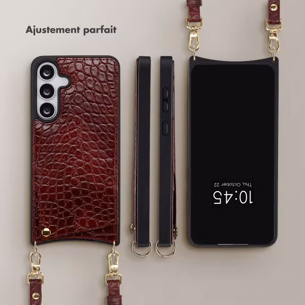 Selencia Coque de télephone Nova Croco avec cordon et porte-cartes Samsung Galaxy S25 FE - Burgundy