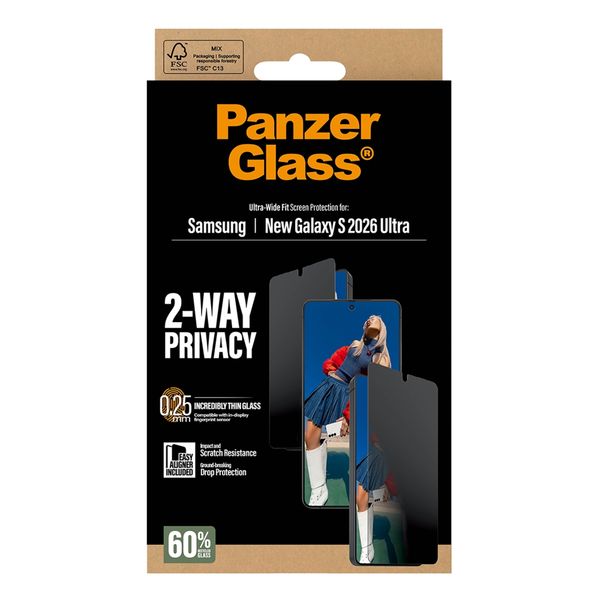 PanzerGlass Protection d'écran Privacy Ultra-Wide Fit Anti-bactérienne avec applicateur Samsung Galaxy S26 Ultra