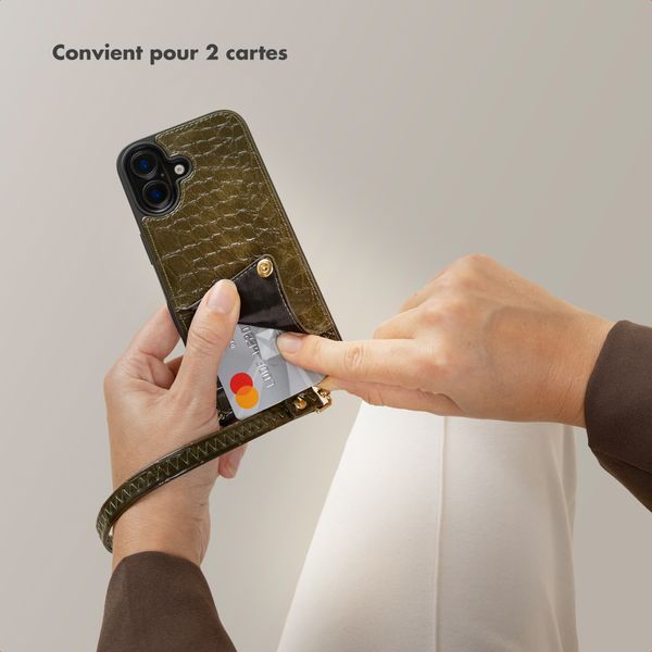 Selencia Coque de télephone Nova Croco avec cordon et porte-cartes Apple iPhone 15 - Dark Olive