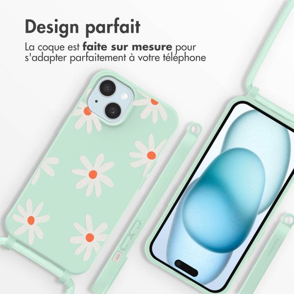 imoshion Coque design en silicone avec cordon Apple iPhone 15 - Green Flower Distance
