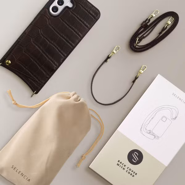 Selencia Coque de télephone Nova Croco avec cordon et porte-cartes Samsung Galaxy A56 - Choco Brown