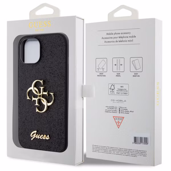 Guess Coque 4G Metal Logo Glitter Apple iPhone 15 - Noir