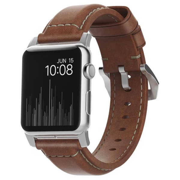 Nomad Bracelet en cuir traditionnel Apple Watch Series 1 á 10 / SE / Ultra (2) (44/45/46/49 mm) - Marron/Argent