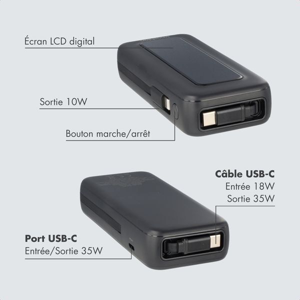 imoshion Batterie externe avec câble rétractable 10 000 mAh - Power Delivery - USB-C + Lightning - Noir