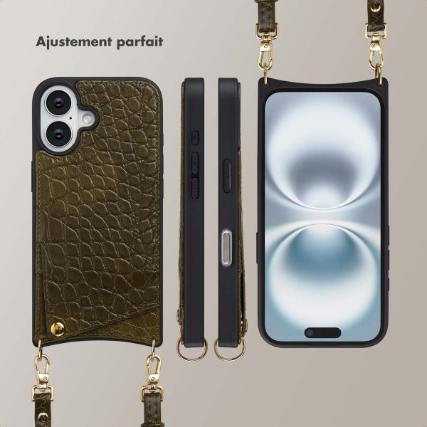 Selencia Coque de télephone Nova Croco avec cordon et porte-cartes Apple iPhone 16 - Dark Olive