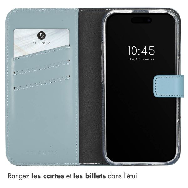 Selencia Étui de téléphone portefeuille en cuir véritable iPhone 16 - Air Blue