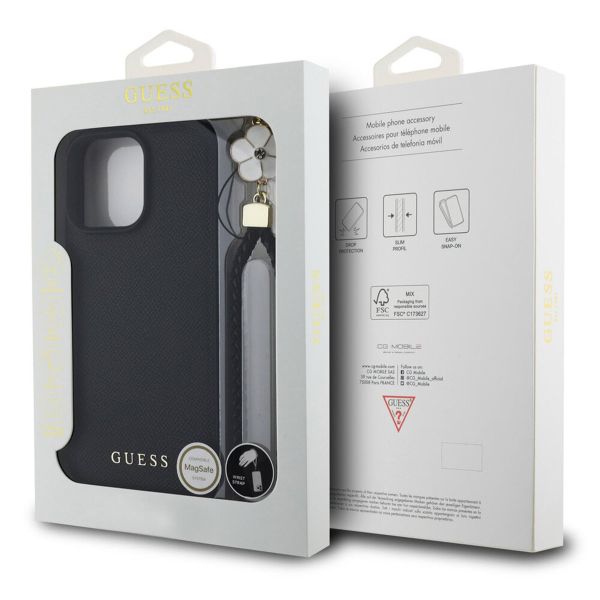 Guess Coque Grained MagSafe avec Flower Charm Strap Apple iPhone 16 Pro Max - Noir
