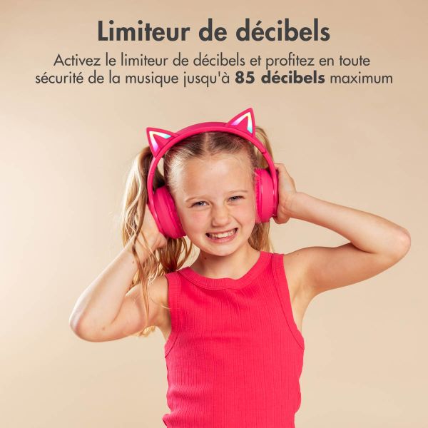 imoshion Casque sans fil pour enfants LED Light Cat Ear - Limiteur de décibels - Avec câble AUX - Hot Pink