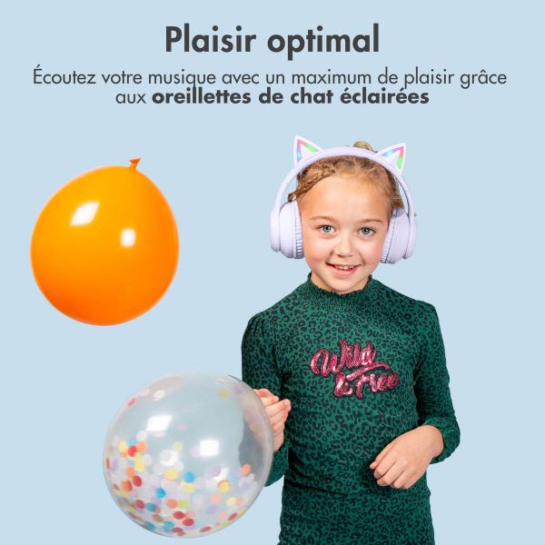 imoshion Casque sans fil pour enfants LED Light Cat Ear - Limiteur de décibels - Avec câble AUX - Lavender Lilac