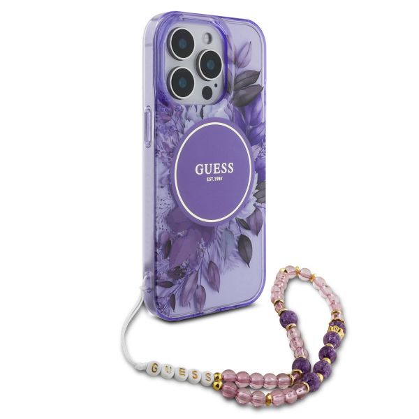 Guess MagSafe IML Flowers Case avec beads strap iPhone 15 Pro - Purple