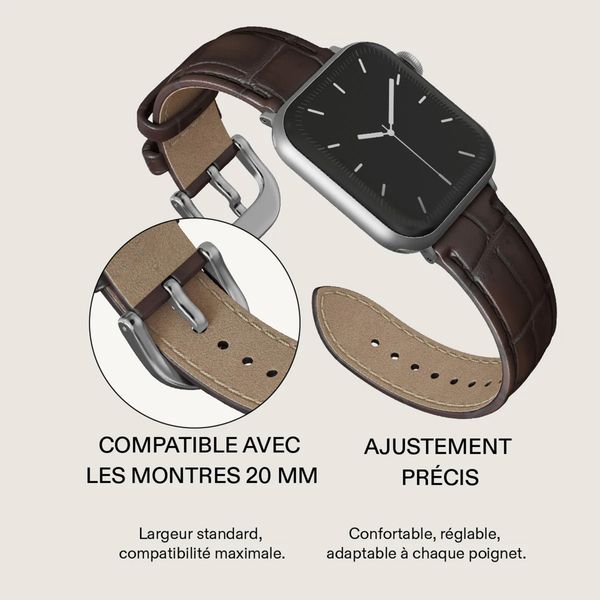 Burga Bracelet en cuir véritable Apple Watch Series 1 - 11 / SE / Ultra (44/45/46/49 mm) - Espresso / Silver