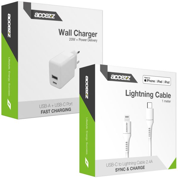 Accezz Chargeur Mural avec câble Lightning vers USB-C - Chargeur - certifié MFi - 20 Watt - 1 mètre - Blanc