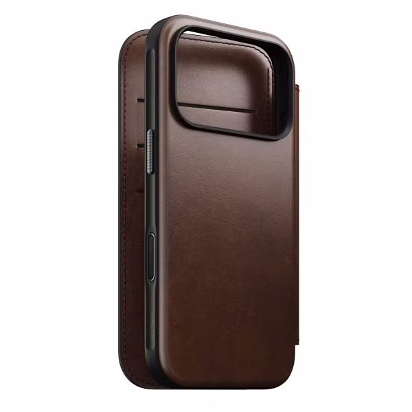 Nomad Étui de style livre folio moderne en cuir Horween avec MagSafe Apple iPhone 17 Pro - Rustic Brown