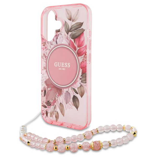 Guess MagSafe IML Flowers Case avec beads strap Apple iPhone 16 - Pink