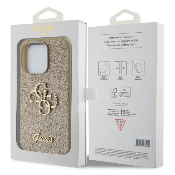 Guess Coque 4G Metal Logo Glitter Apple iPhone 15 Pro - Doré