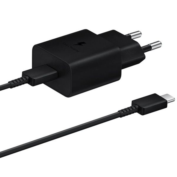 Samsung Adaptateur secteur original avec câble USB-C - Chargeur - Connexion USB-C et USB - Charge rapide - 15 Watt - 1 mètre - Noir