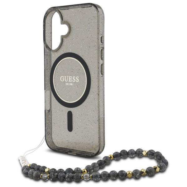 Guess MagSafe IML Glitter Case avec beads strap Apple iPhone 16 - Noir