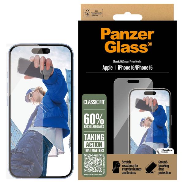 PanzerGlass Protection d'écran en verre trempé Anti-bactériesr iPhone 16