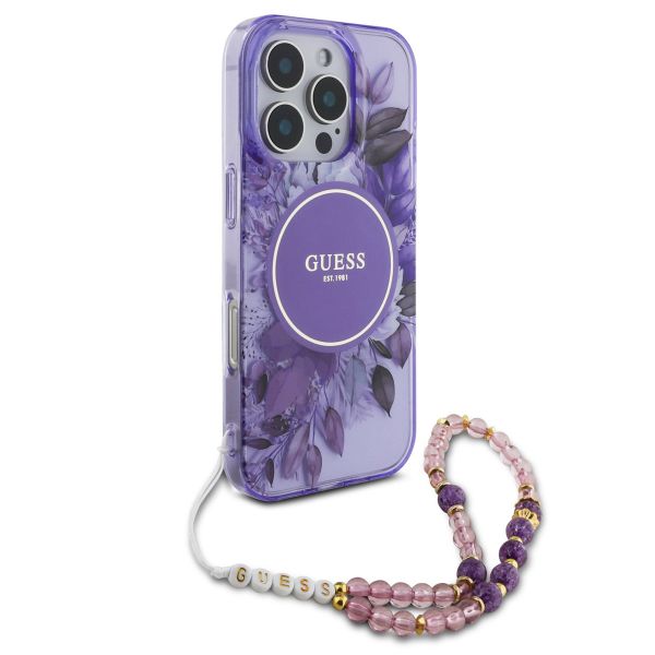 Guess MagSafe IML Flowers Case avec beads strap Apple iPhone 16 Pro Max - Purple