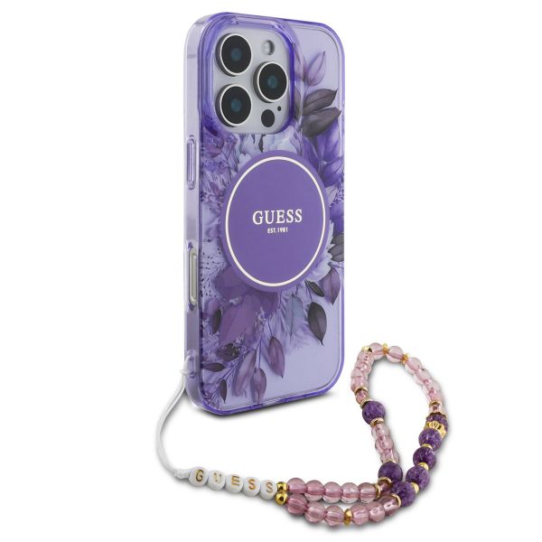 Guess MagSafe IML Flowers Case avec beads strap iPhone 16 Pro Max - Purple