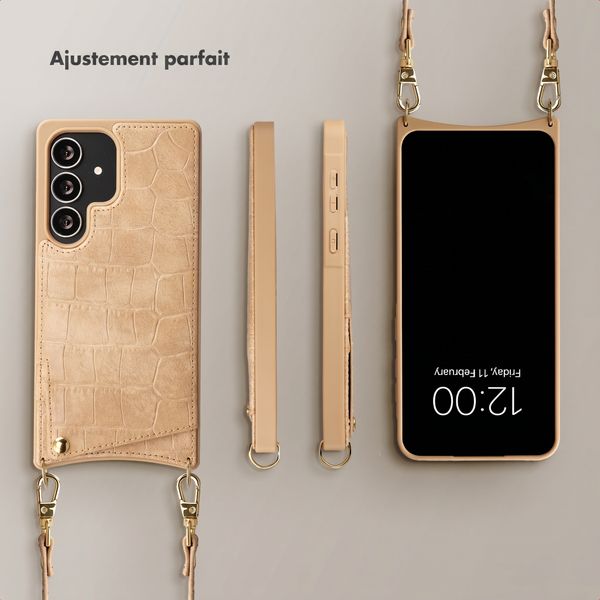Selencia Coque de télephone Nova Croco avec cordon et porte-cartes Samsung Galaxy S25 Ultra - Toasted Almond
