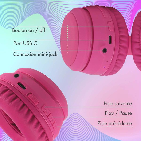 imoshion Casque sans fil pour enfants LED Light Cat Ear - Limiteur de décibels - Avec câble AUX - Hot Pink