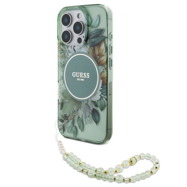 Guess MagSafe IML Flowers Case avec beads strap iPhone 15 Pro Max - Green