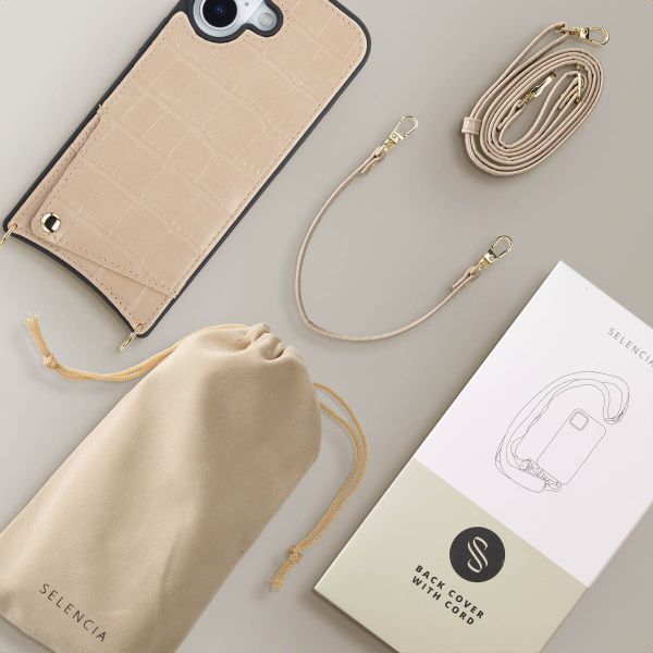 Selencia Coque de télephone Nova Croco avec cordon et porte-cartes Apple iPhone 17 - Beige