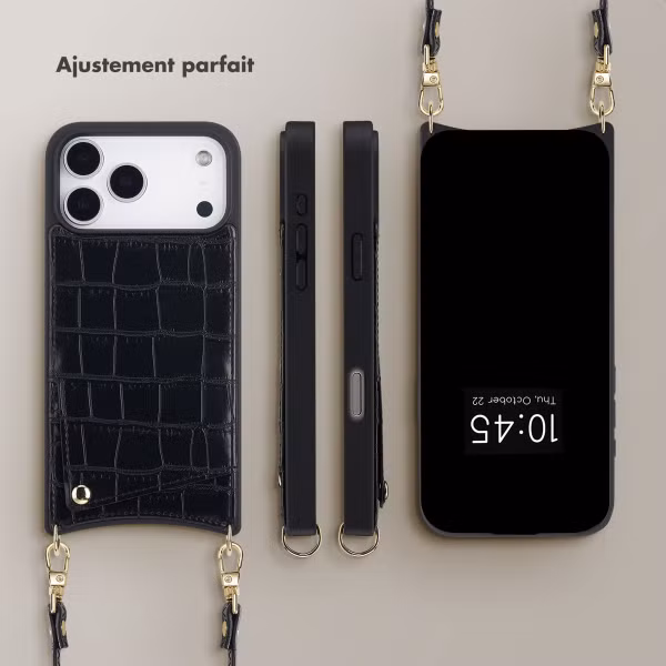 Selencia Coque de télephone Nova Croco avec cordon et porte-cartes Apple iPhone 17 Pro Max - Noir