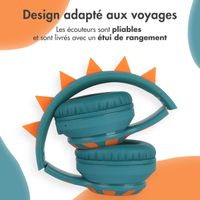 imoshion Casque sans fil pour enfants Dino LED Light - Limiteur de décibels - Avec câble AUX - Petrol Green / Orange