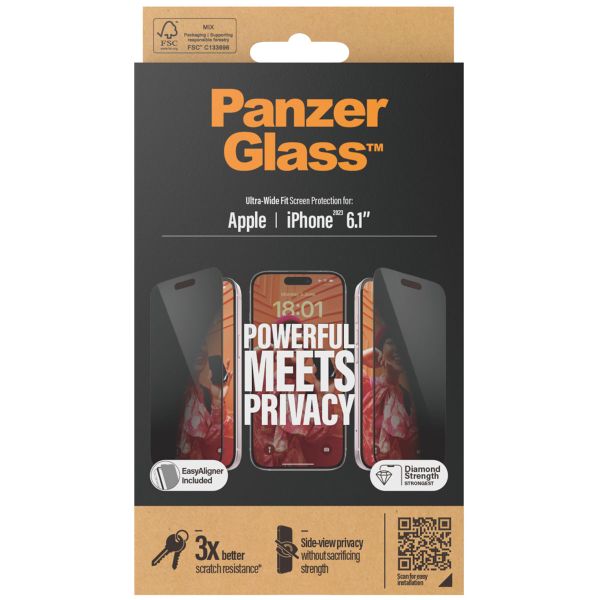 PanzerGlass ﻿Protection d'écran Privacy Ultra-Wide Fit Anti-bactérienne avec applicateur iPhone 15