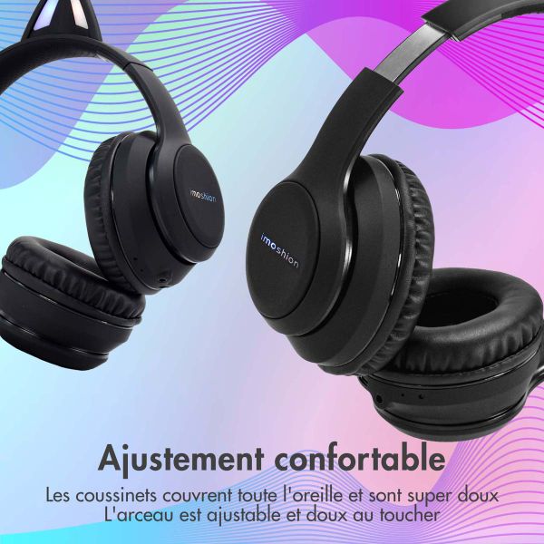 imoshion Casque pour enfants Bluetooth LED oreilles de chat - Casque sans fil + Câble AUX - Noir