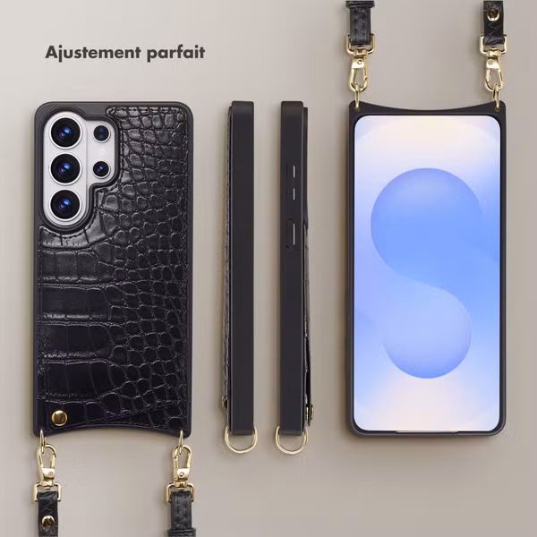Selencia Coque de télephone Nova Croco avec cordon et porte-cartes Samsung Galaxy S26 Ultra - Noir