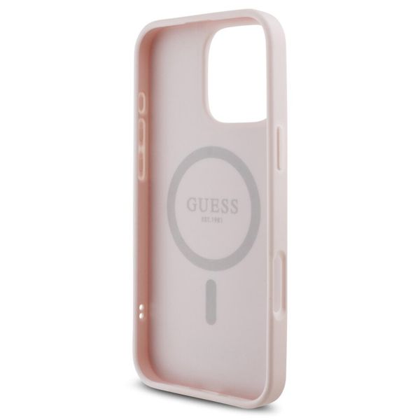 Guess Coque Grained MagSafe avec Flower Charm Strap iPhone 16 Pro - Rose