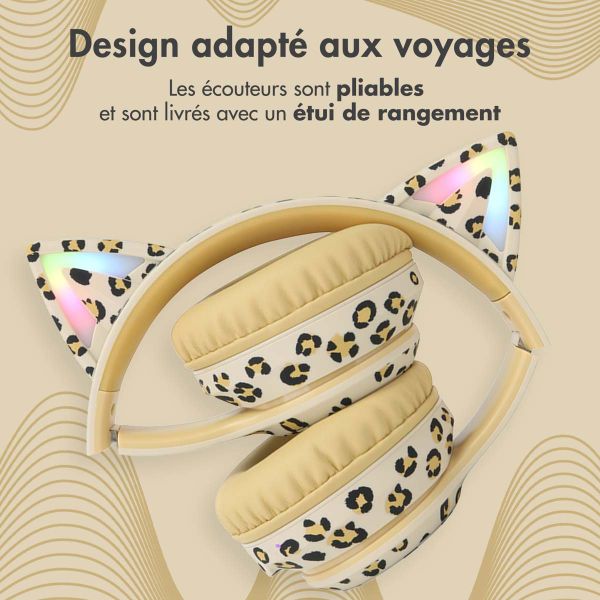 imoshion Édition Spéciale - Casque sans fil pour enfants avec imprimé léopard LED Light Cat Ear - Limiteur de décibels - Avec câble AUX - Léopard