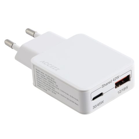 Accezz Chargeur GaN Ultra Slim - USB-C + USB-A - 45 W - Blanc