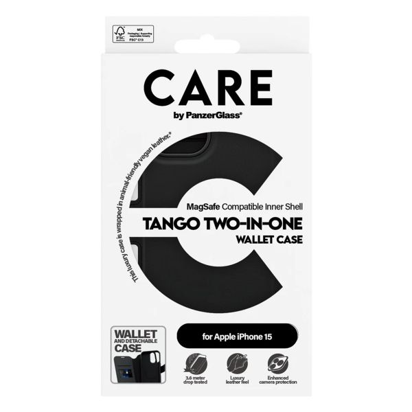 CARE by PanzerGlass Étui de télephone portefeuille Tango 2 en 1 avec MagSafe Apple iPhone 15 - Black