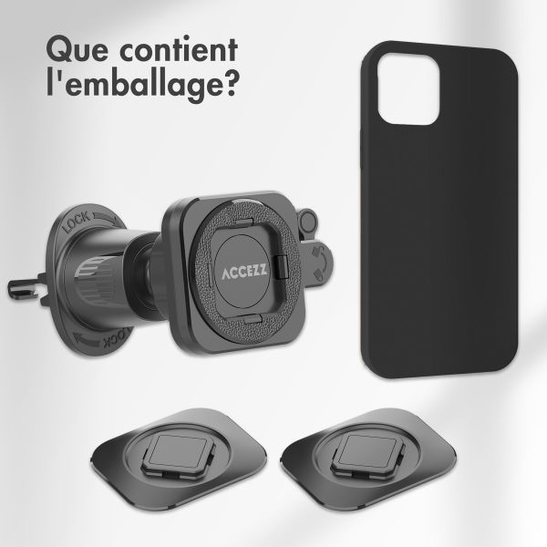 Accezz EasyLock Support de téléphone de voiture - Avec coque iPhone 14 - Grille de ventilation - Rotation à 360 degrés - Noir