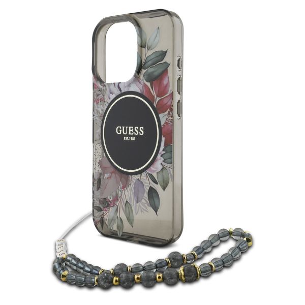Guess MagSafe IML Flowers Case avec beads strap Apple iPhone 16 Pro Max - Noir