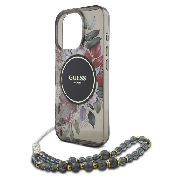 Guess MagSafe IML Flowers Case avec beads strap iPhone 16 Pro Max - Black