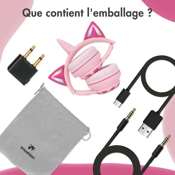 imoshion Casque sans fil pour enfants Unicorn LED Light - Limiteur de décibels - Avec câble AUX - Pink / Hot Pink