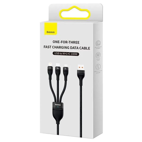 Baseus Flash Series 2 câble de charge rapide 3 en 1 - USB-A vers USB-C / Lightning / Micro-USB - 100 Watt - 1,2 mètres - Noir