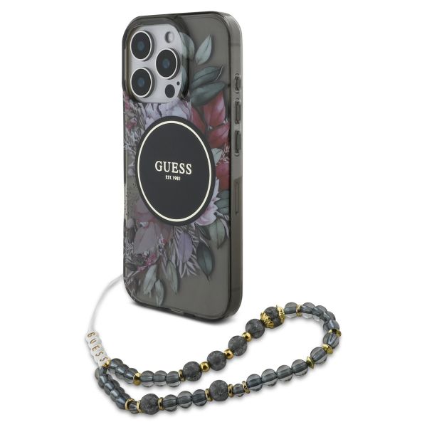 Guess MagSafe IML Flowers Case avec beads strap Apple iPhone 16 Pro Max - Noir