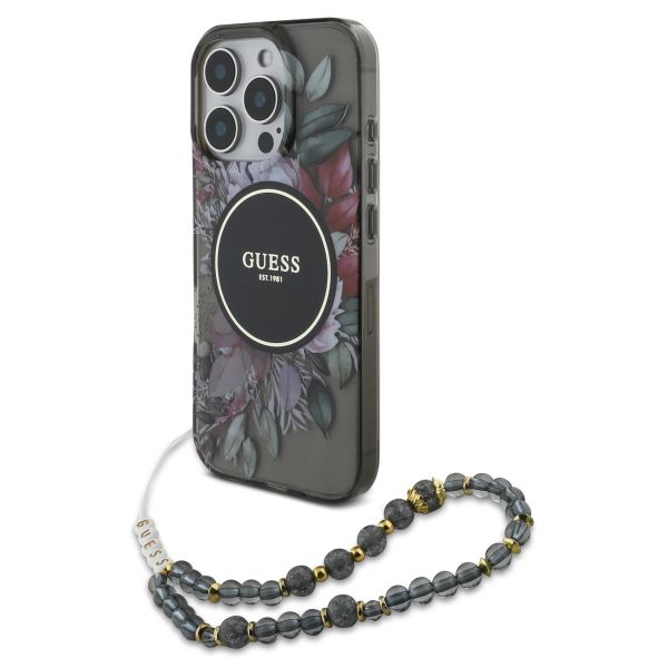 Guess MagSafe IML Flowers Case avec beads strap iPhone 16 Pro Max - Black