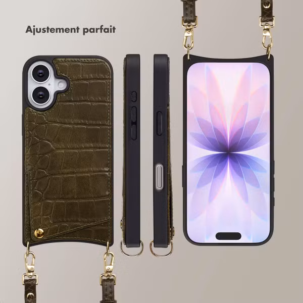 Selencia Coque de télephone Nova Croco avec cordon et porte-cartes Apple iPhone 17 - Dark Olive