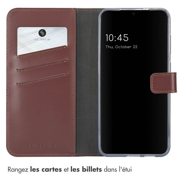Selencia Étui portefeuille en cuir véritable Samsung Galaxy S25 - Marron foncé