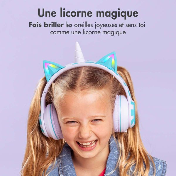 imoshion Casque sans fil pour enfants Unicorn LED Light - Limiteur de décibels - Avec câble AUX - Lavender Lilac / Soft Blue